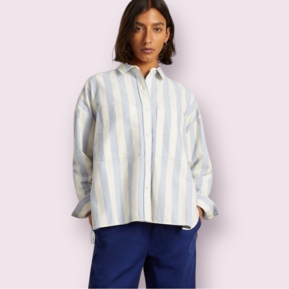 EVERLANE The Boxy Oxford Blue/White Stripe L, XL NWT - Picture 2 of 11